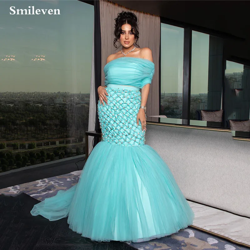 

Smileven Blue Prom Dress Sleeveless Mermaid Evening Dress Elegant Floor Length Saudi Arabia Evening Party Gowns Customized