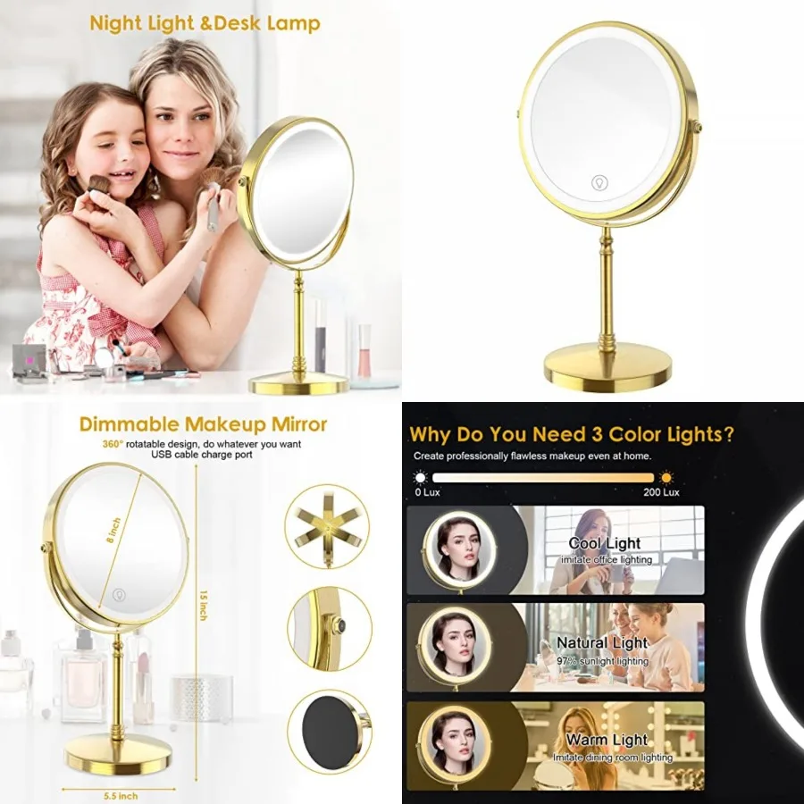 

Makeup Mirror, 3000mAh Rechargeable Double-Sided Magnifying Vanity Mirror with 3 Colors, 1X/10X, Adjustable Brightness, Gifts f