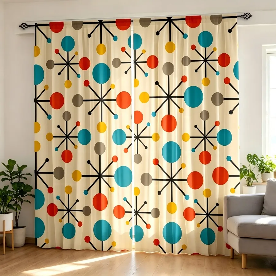 2PCS Digital Print  Curtain, Contrast Polka Dots, Bohemian Style  Curtain Panel for Home Living Room Bedroom Decor