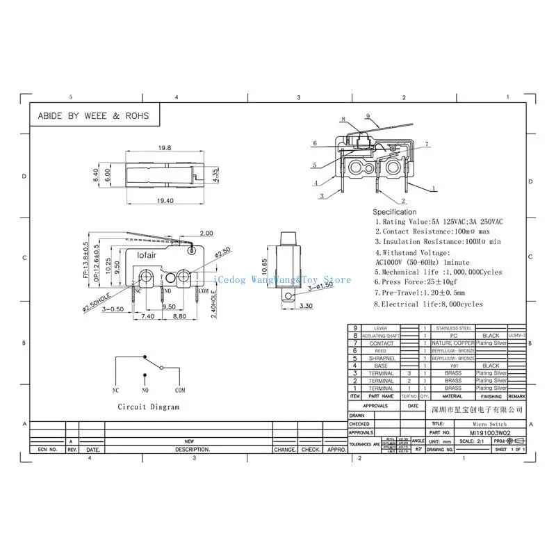 MOLF Normally Open Switch Water Heater Door Switch Secondary Door Switch