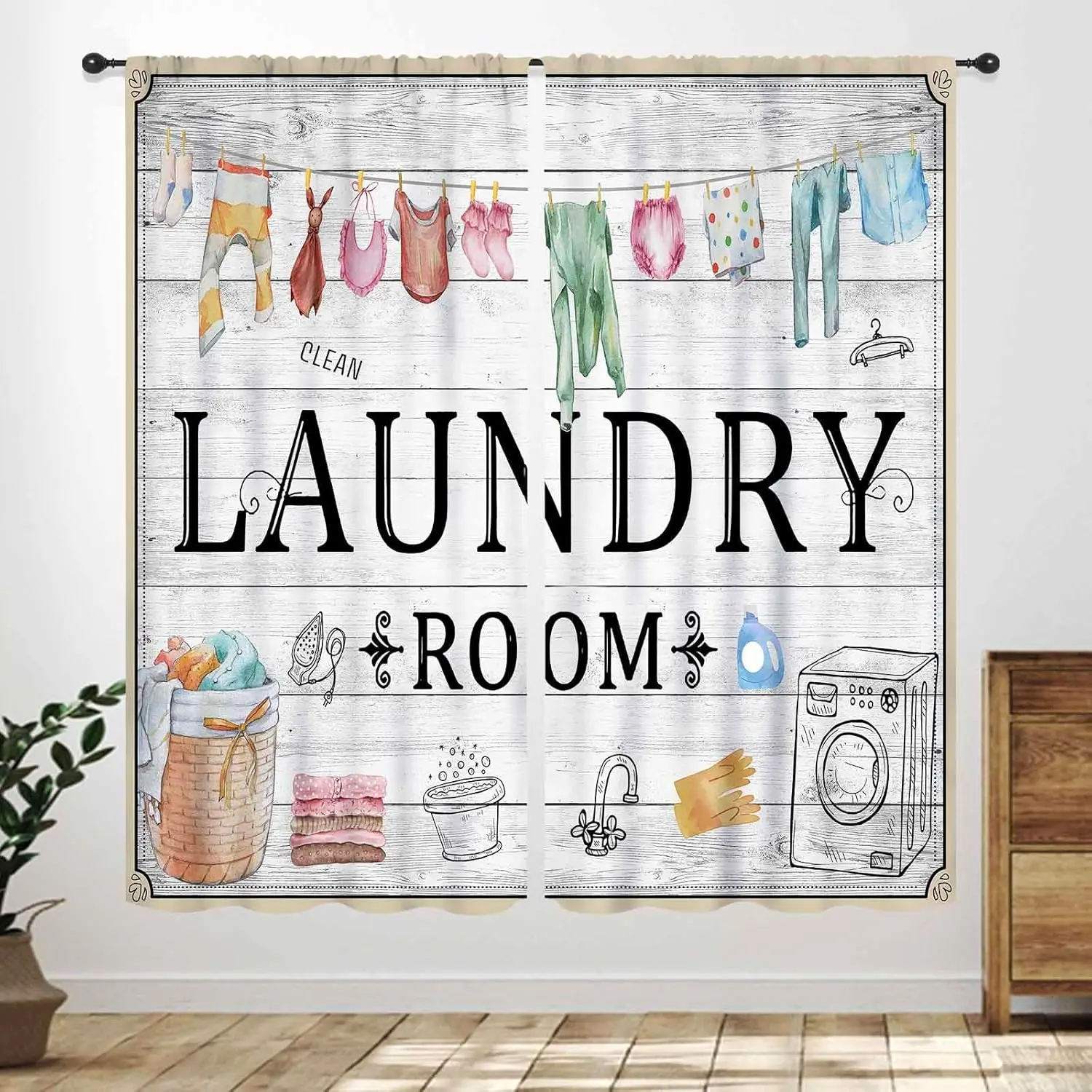 Laundry Room Curtains for Windows,Vintage Farmhouse Rustic Watercolor Hanging Clothes Laundry Drapes for Country Bedroom Living
