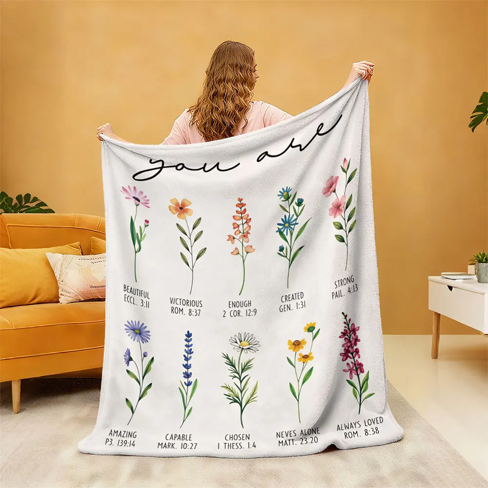 1pc Watercolor Wildflower Slogan Flannel Blanket Soft Lightweight Throw Blanket For Lunch Break Relax Religious Home Decor Gi