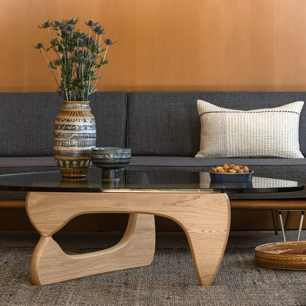 Glass Coffee Table Modern Noguchi Coffee Table, Vintage Glass, and Wood End Table, Solid Wood Base and Clear Glass Top Accent