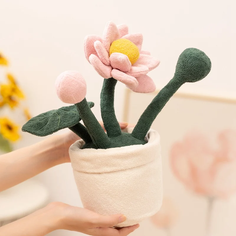 Realista vaso de plantas série pelúcia tulipa lótus estante decoração boneca macia kawaii flor pêssego para meninas presentes aniversário