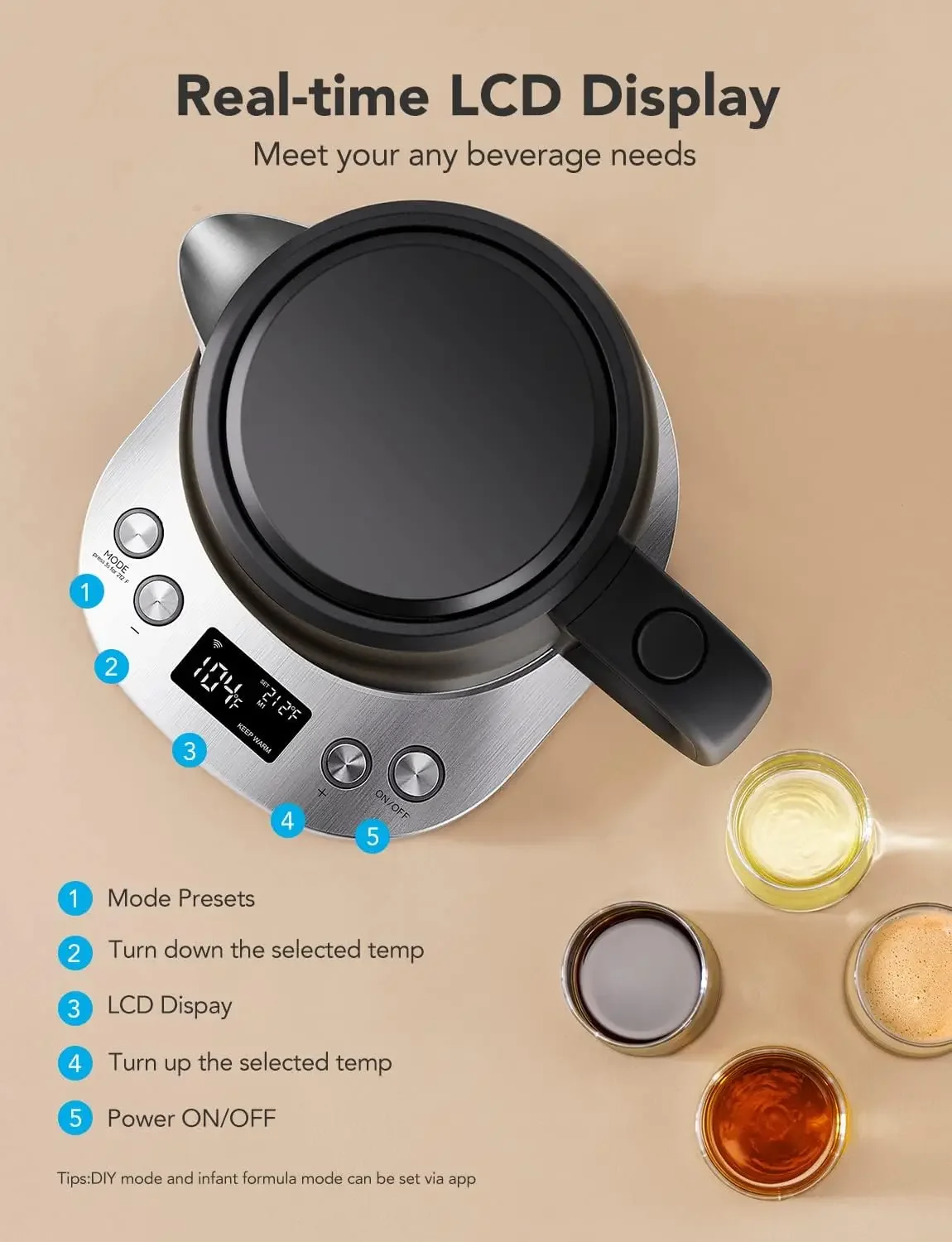 غلاية كهربائية ذكية للتحكم في درجة الحرارة، غلاية شاي كهربائية واي فاي مع تحكم أليكسا، غلي سريع 1500 وات، 2 ساعة تحافظ على الدفء