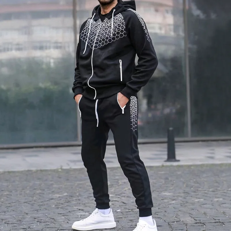 Men\'s Zipper Hoodie Track Suit Spring/Fall Fashion Joggers Honeycomb Print Casual  Hooded Sweater & Pant Jogging Tracksuits