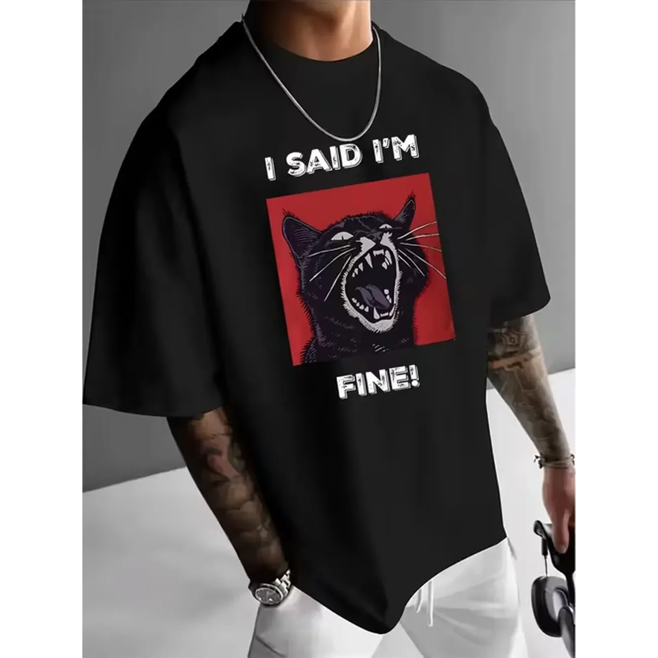 Angry Black Cat Statement Print Mens Casual T Shirt Summer Mens Round Neck Short Sleeve T Shirt Fashionable Versatile Trendy Printed Short Sleeve