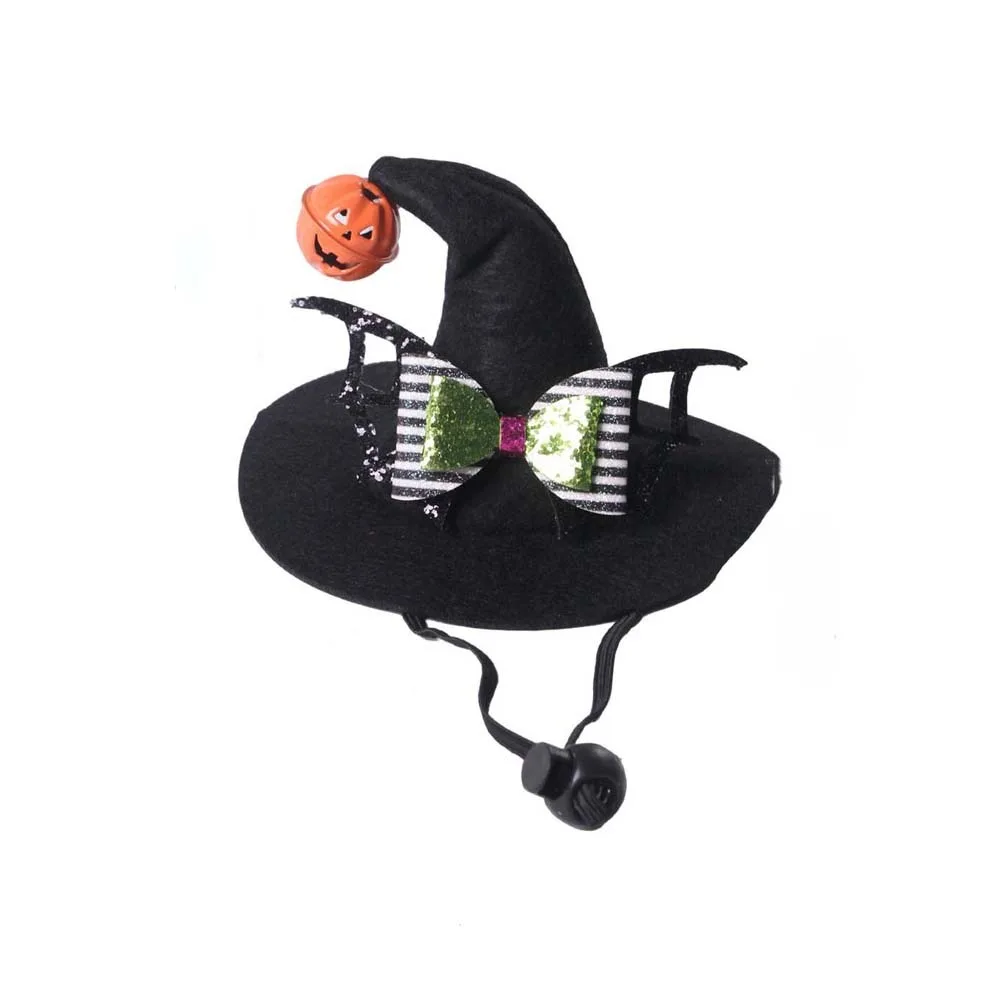 Curved Top Pet Witch Hat With Bell Adjustable Strap Cat Wizard Cap Sequin Bowknot Pointed Brim Dog Halloween Headwear