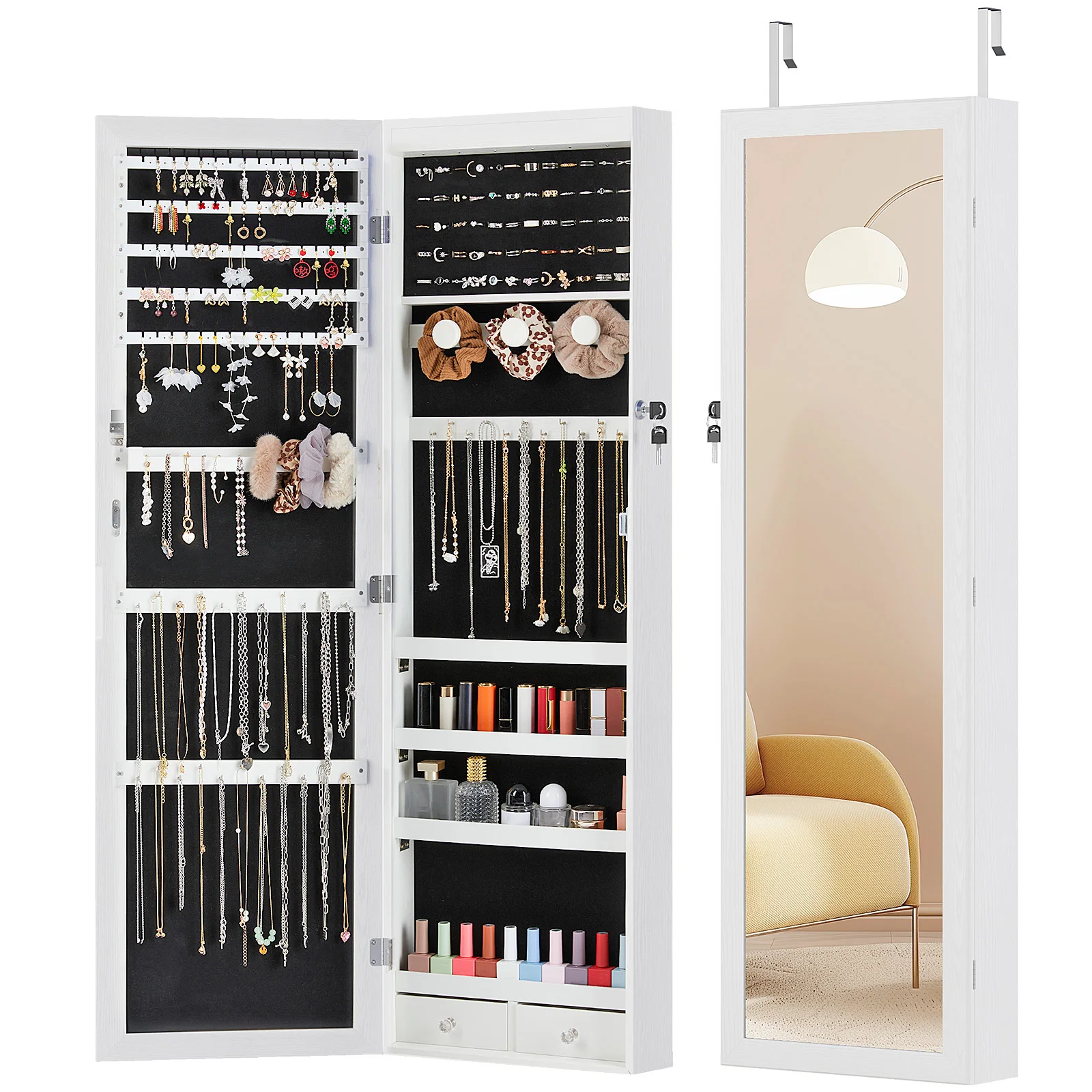 

Jewelry Cabinet with Lights, Lockable Jewelry Organizer Rotatable Full Length Mirror with Storage, Interior Mirror