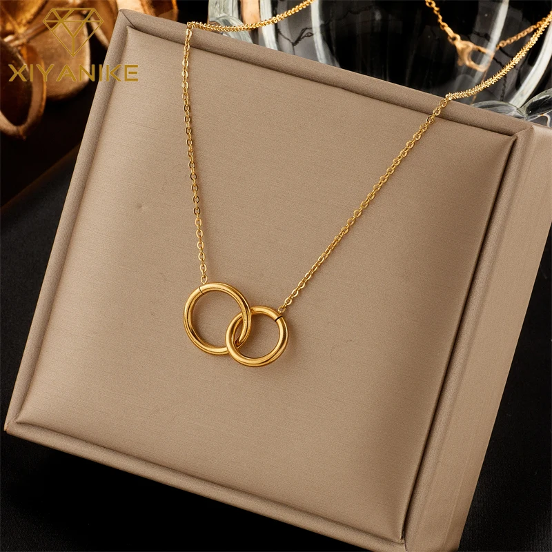 XIYANIKE 316L Stainless Steel Female Necklace Elegant Gold Color Two Link Circle Pendant Women Necklace Drop Shipping Wholesale