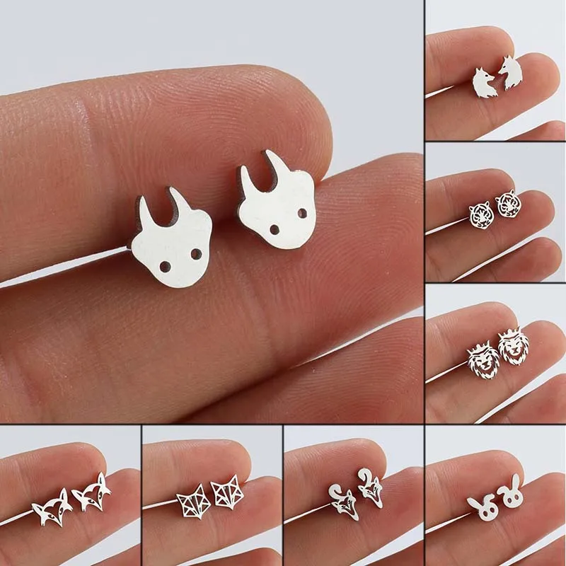 Jisensp Fashion Stainless Steel Lamb Head Antlers Stud Earring Charm Animal Earrings for Women Femme Simple Jewelry Gift