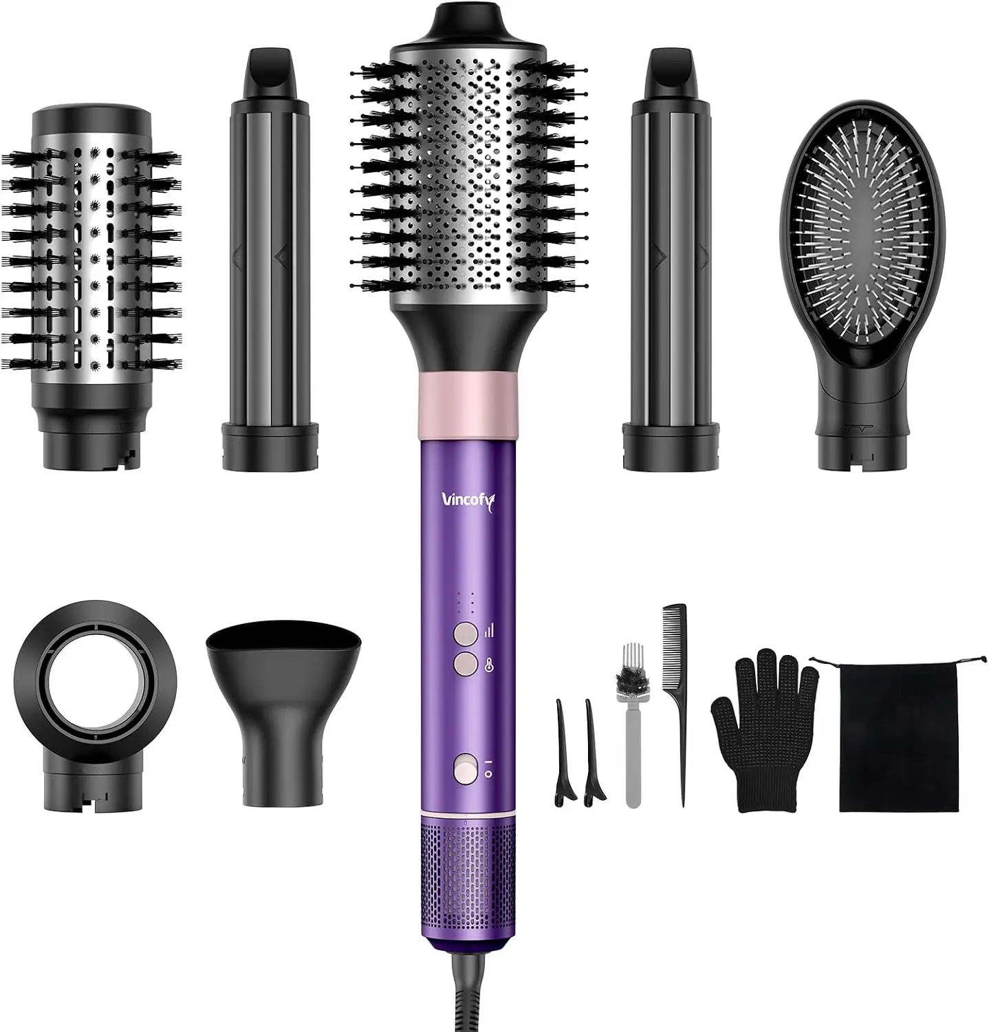 7 In 1 Blow Dryer Brush Set Multi Hot Air Styler Lilac Fast Drying Volumizing Straightening Negative Ions Auto Wrap Curlers No H