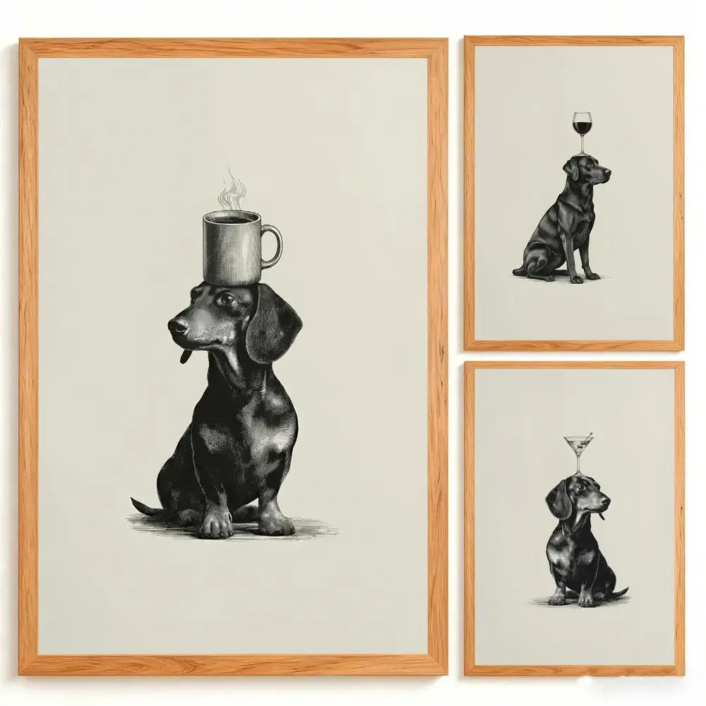 Elegant Dachshund Cocktail HD Wall Art Poster Whimsical Dog Fine Line Art Retro Bar Kitchen Home Decor Dog Lover Gift
