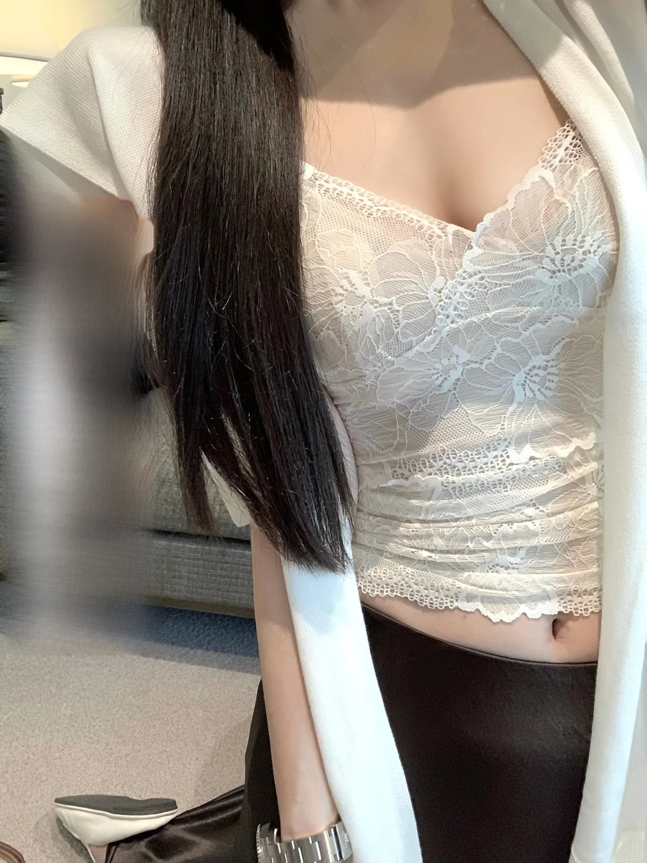 

Elegant Black White Lace Strap Women's Vest Stylish Summer New Arrival JoyingLimit Polyester Fiber V-Neck Short Length