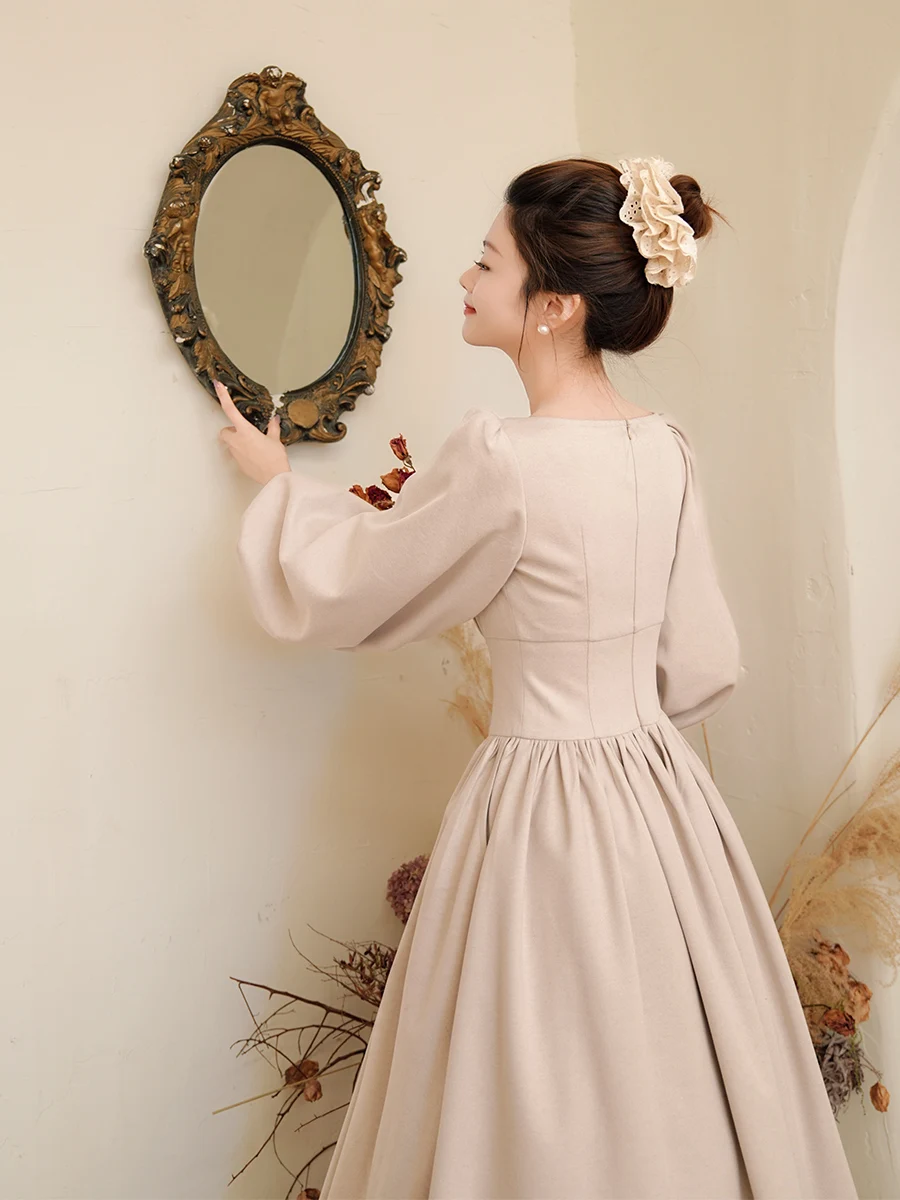 TIYIHAILEY 가을 겨울 여성 드레스 포켓 포함 풀 랜턴 슬리브 롱 미드-칼프 여성 의류 S-XL 빈티지 하이 웨이스트 두꺼운 원피스