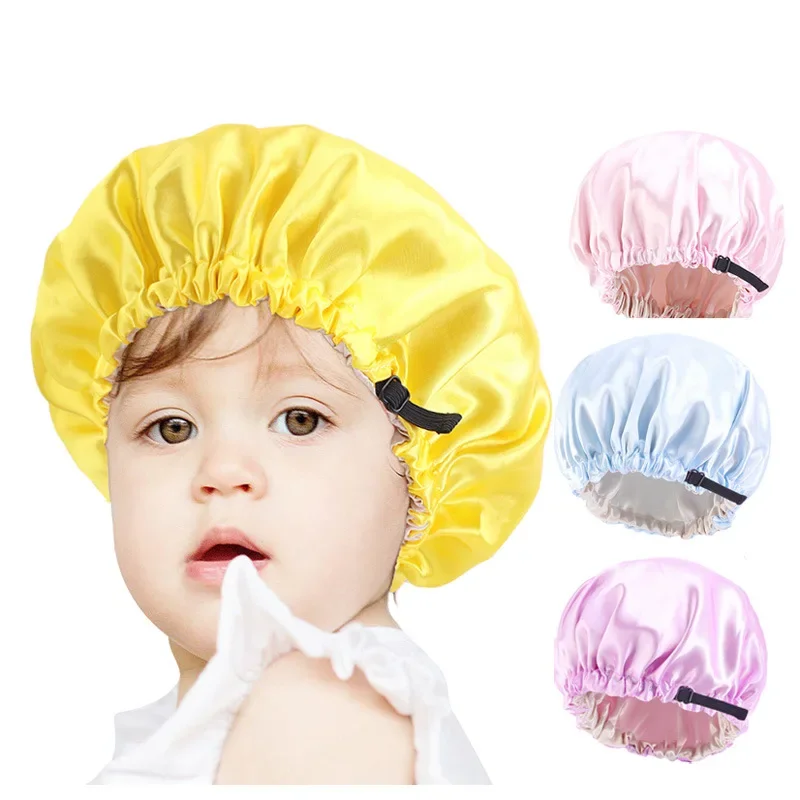 

New Baby Silky Satin Bonnet Double Layer Adjustable Sleep Cap Girl Night Turban Children Solid Color Cute Hat Fashion Baby Cap