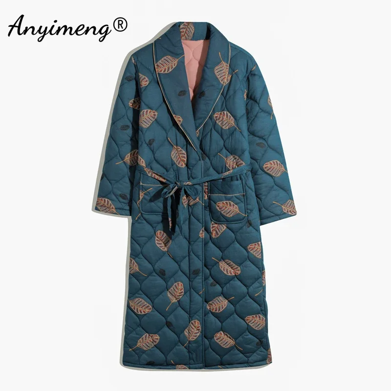 Thick Winter Home Coat Air 3 Layer Padded Knitted Cotton Bathrobe Warm Kimono Floral Printing Big Size Women\'s Bathrobe Robe New