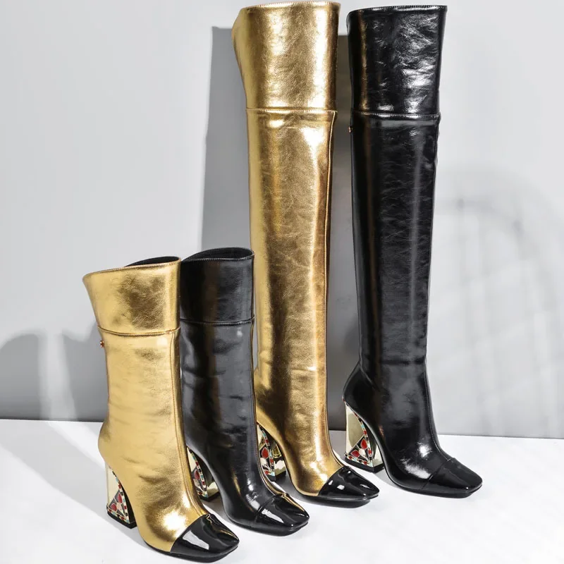 Colored Rhinestone Cowhide Mid Tube/knee Length Boots Thick Heeled Square Toe Black Gold Runway Runway Performance High Heels