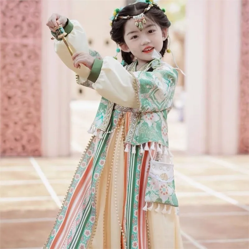 

2026 Girls' Ethnic Printed Dress Set New Autumn Dress Children's Performance Dress Chinese Style Retro Long Sleeve Hanfu LI698