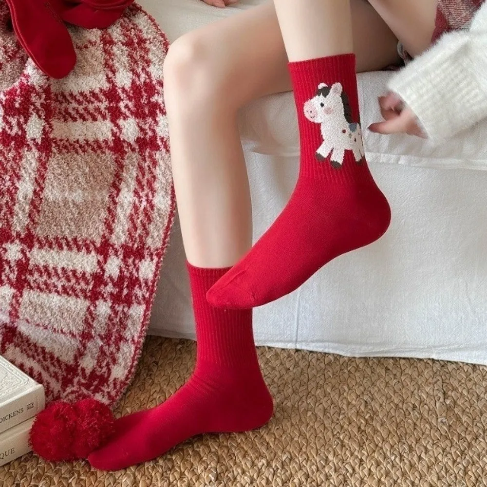 

Cute Cotton New Year Socks Soft Comfortable Cartoon Red Socks Breathable Elastic Year of The Horse Socks Gift