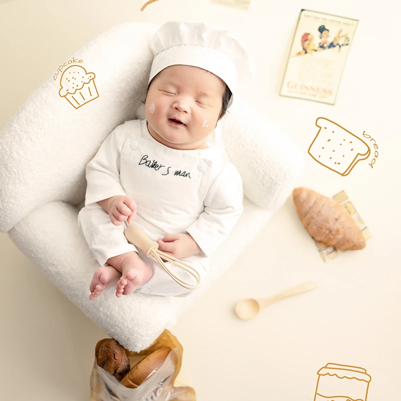 Newborn Photography Little Chef Costume Simulated Bread Whisk Kitchen Creative Props White Chef Hat Jumpsuit Infant Photo Set