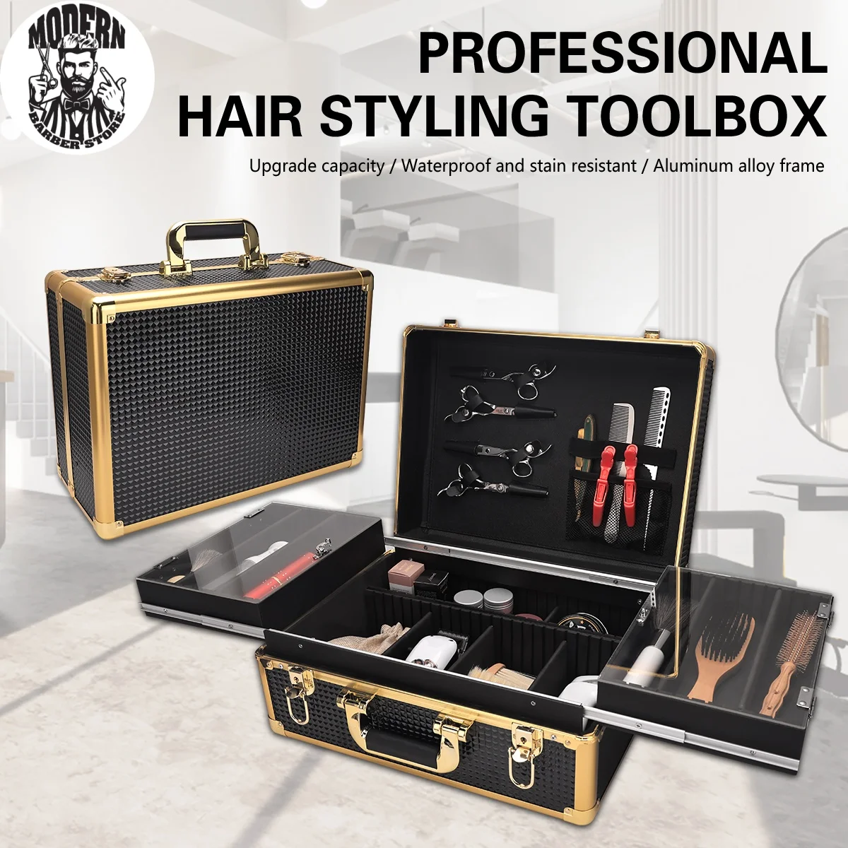 

Hairdressing Multifunctional Portable Double Door Toolbox High-capacity Makeup Storage Scissors Comb With Lock Key Box Tools