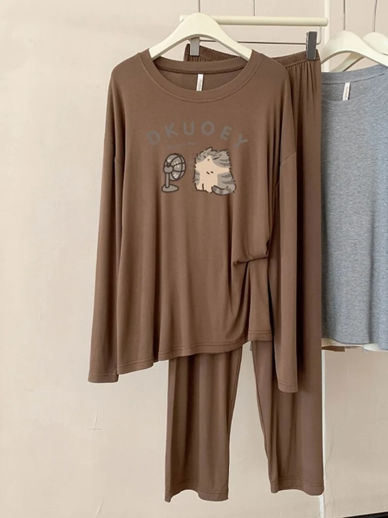 

A60 Modal Pajamas Women's Spring and Autumn New Casual Round Neck Long Sleeve Plaid Breathable Homewear Set