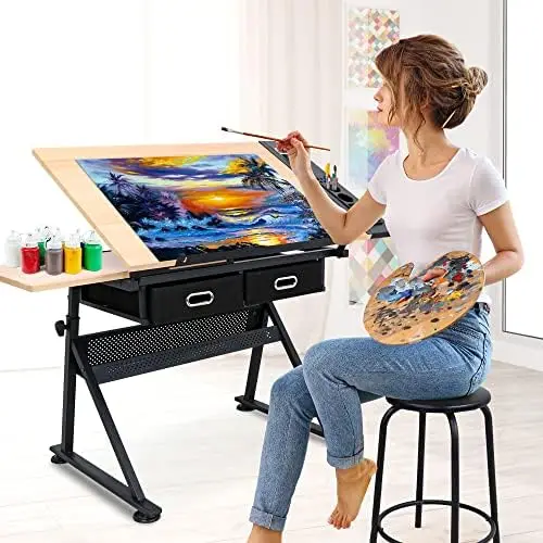 Adjustable Height Drafting Desk Drawing Table Tiltable Tabletop for Reading, Writing Art Craft w/Stool and Drawers view 2