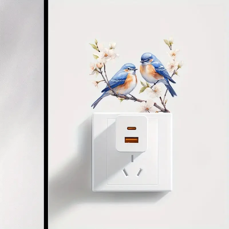 

MT1446# Cute Bird Wall Sticker, Birds & Flower Branch Pattern, Detachable PVC Self-Adhesive Switch Decor for Home, Toliet