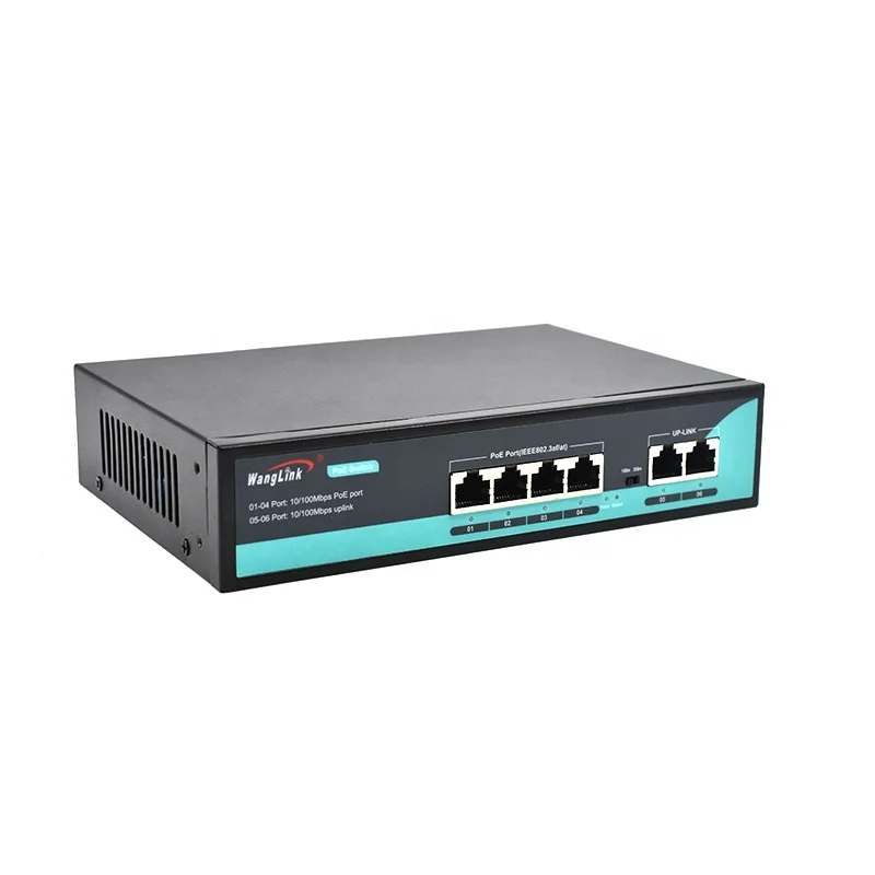 Wanglink 96W 6-Port AI PoE Switch with 4 Long Reach 250m PoE Ports and 2 Uplink Ports, 6KV Surge Protection/AI Watchdog