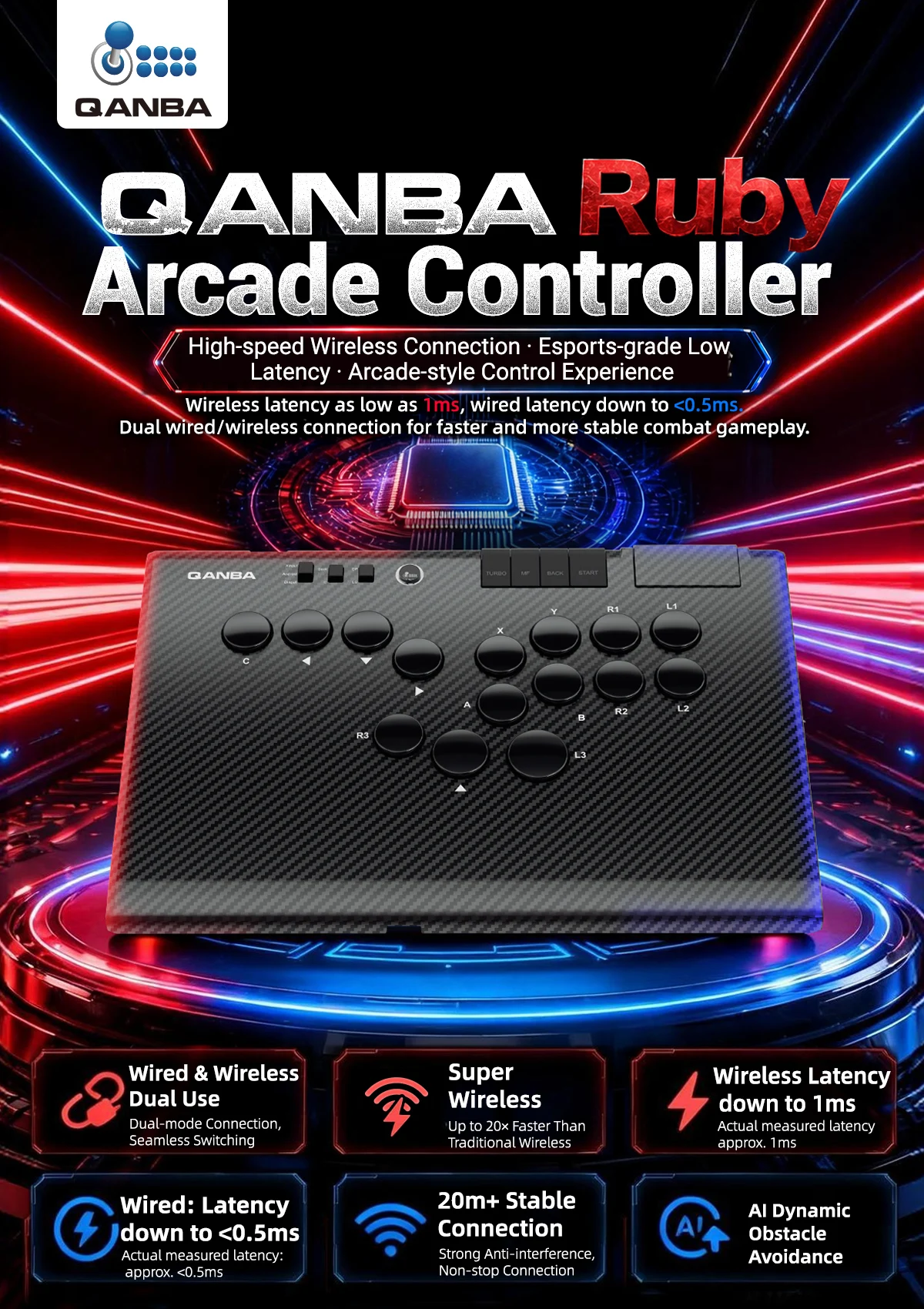 Qanba Ruby Hebellosen Arcade Super Wireless Controller mit 2.4G Drahtlosverbindung und Aufbewahrungstasche für Android PC Steam – Detail 1