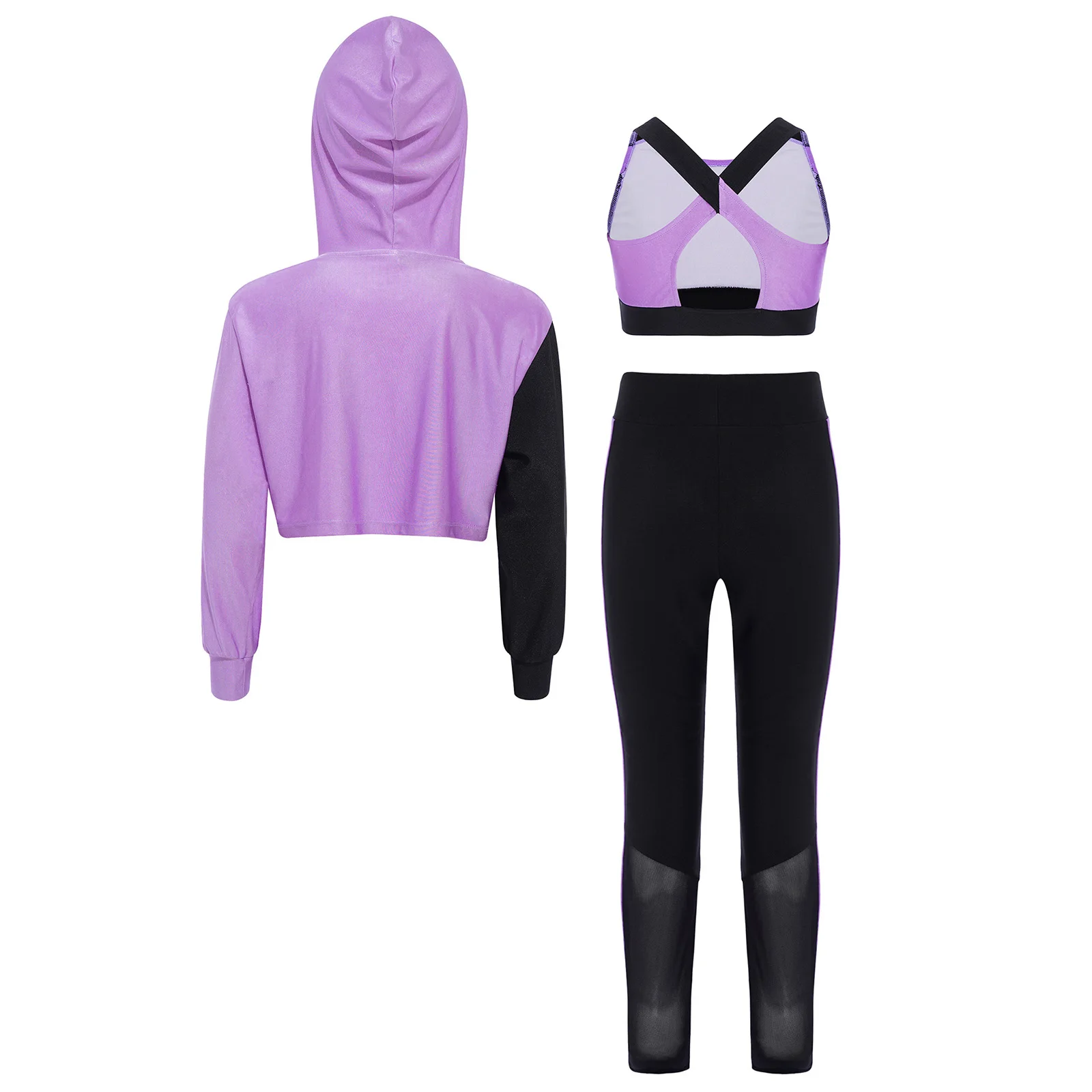 Breathable Teens Girls Color Block Sports Outfit Long Sleeve Asymmetrical Hem Cropped Hoodie+Vest+ Leggings Gym Performance Set