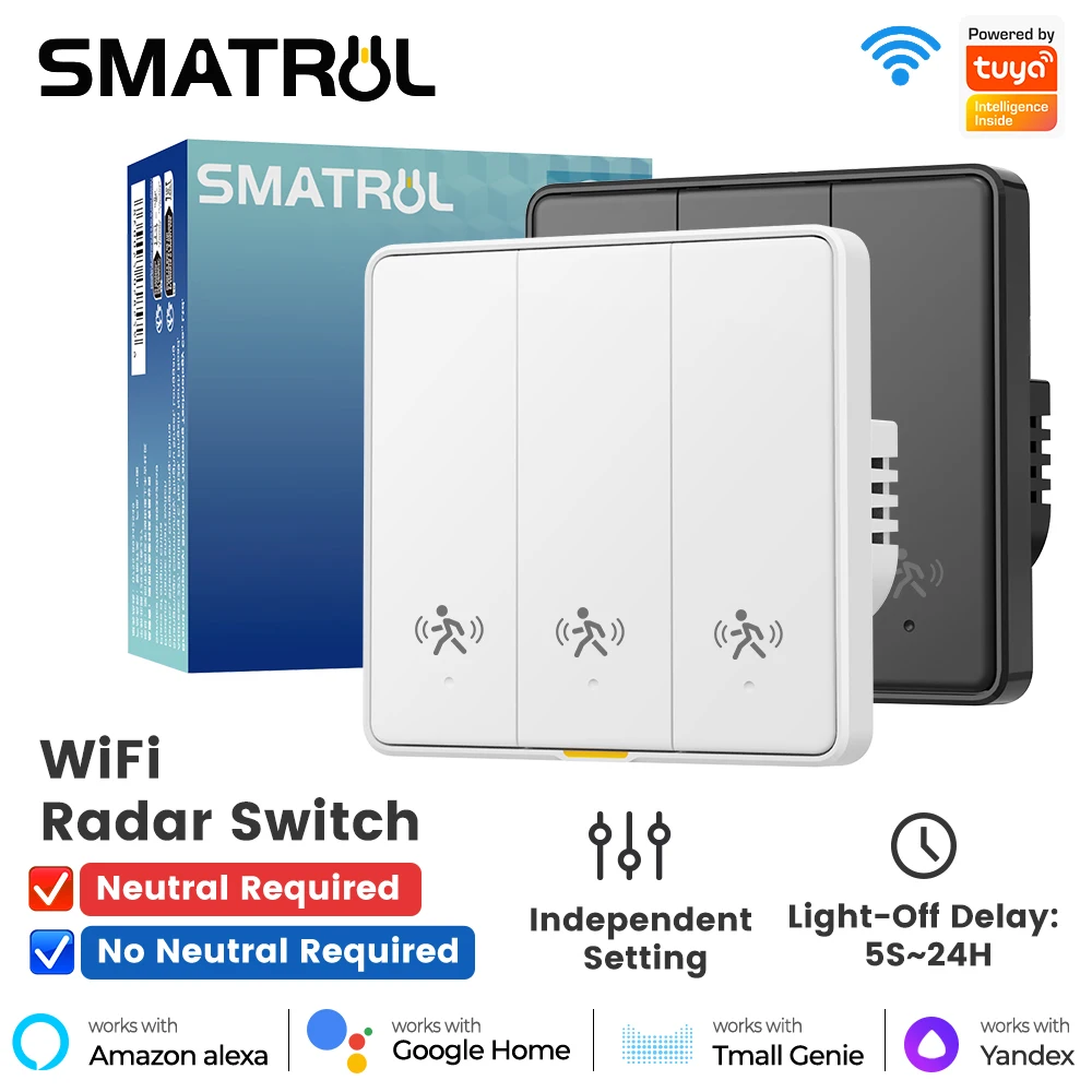 Tuya WiFi Smart 10G Human Radar Motion Sensor Switch EU Wall Light Switch No Neutral APP Remote Voice Timer Alarm Control
