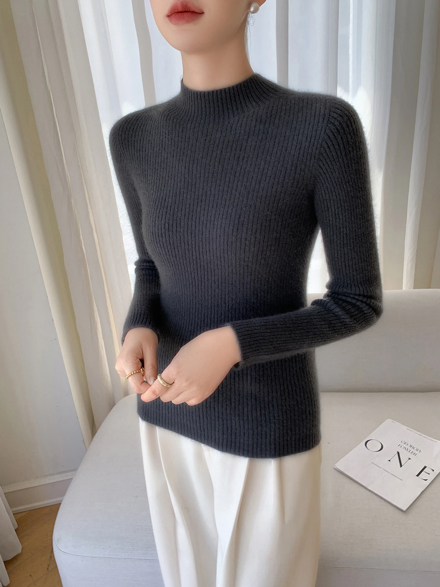 Elegante vrouw merinowollen trui Basic vrouwelijke herfst winter gebreide kleding slanke zachte trui lange mouw kleding tops dames trui