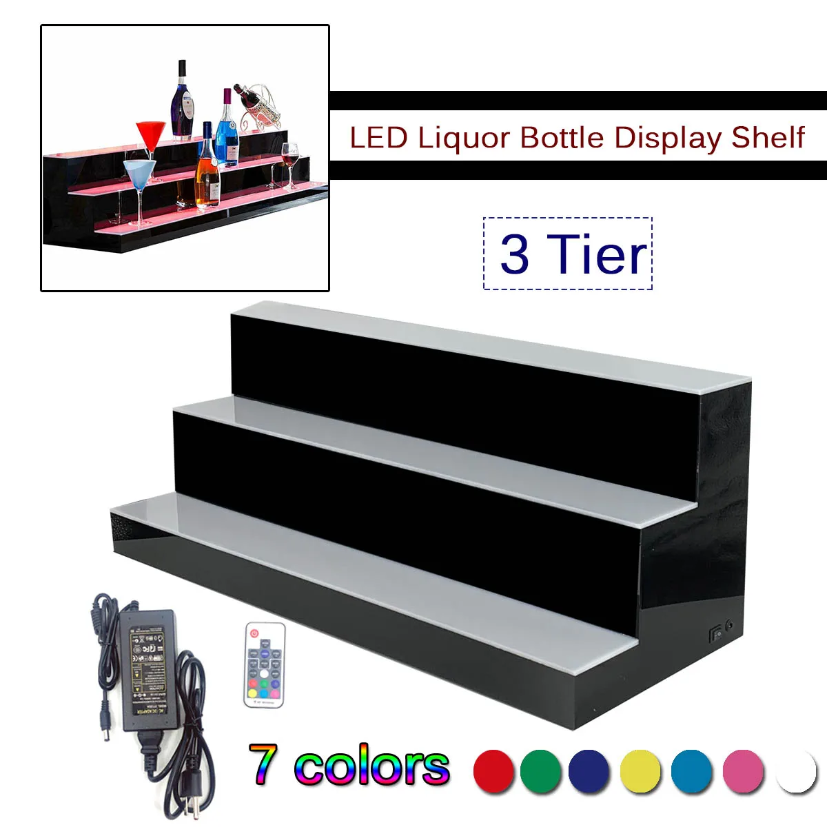 Estante de exhibición LED de 31" con soporte de exhibición de botellas de licor LED de 7 colores preestablecidos de 2/3/4 pasos