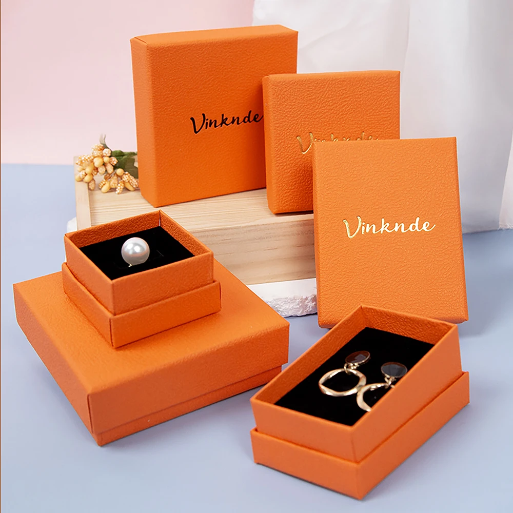 

100 Orange Lychee Pattern Paper Jewelry Packing Box Custom Logo Ring Bracelet Ear Stud Necklace Storage Boxes Jewellry Set Case
