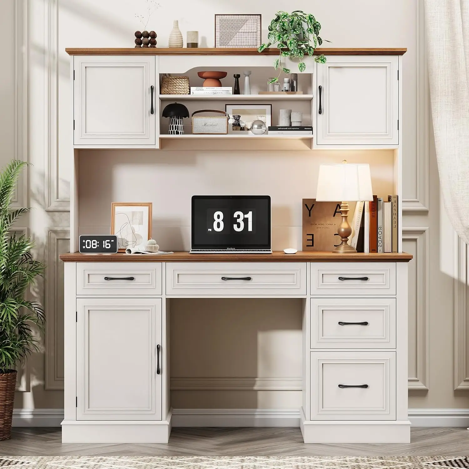 

Письменный стол в стиле фермерского дома 67 дюймов с 5 выдвижными ящиками, тумбой для документов и зарядной станцией для офиса, дома, кабинета, на заказ