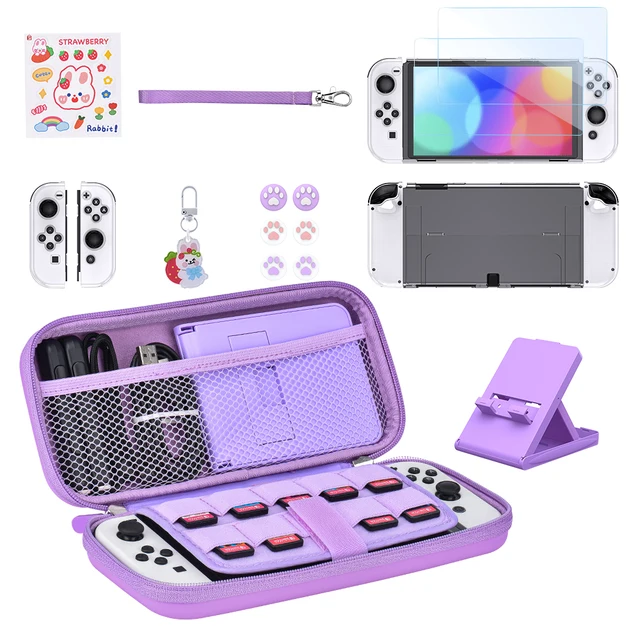 Zestaw do przechowywania Switch OLED/LITE/NS Etui na przełączniki i nakładki na kciuki Przenośna wodoodporna torba podróżna do konsoli Switch i J-Con (fioletowy)