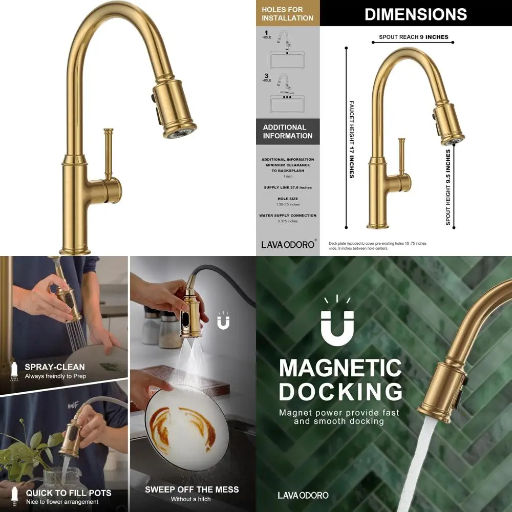 Brushed Bronze Pull-Down Spray Kitchen Faucet with Gold Sink Mixer and Magnetic Docking