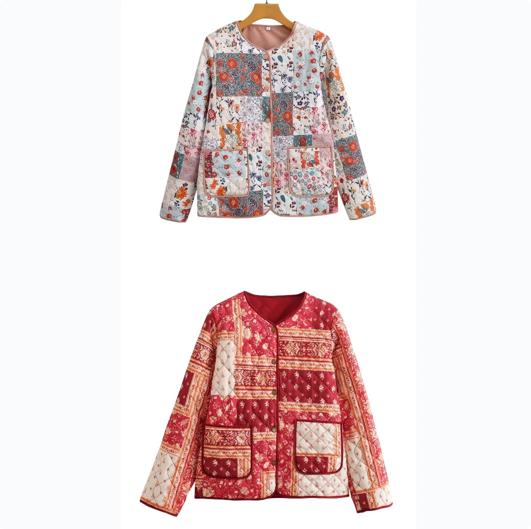 

2025 Новое американское ретро осеннее женское модное повседневное тонкое ветровка Джокер с круглым вырезом и карманами на пуговицах с принтом, хлопковое зимнее пальто