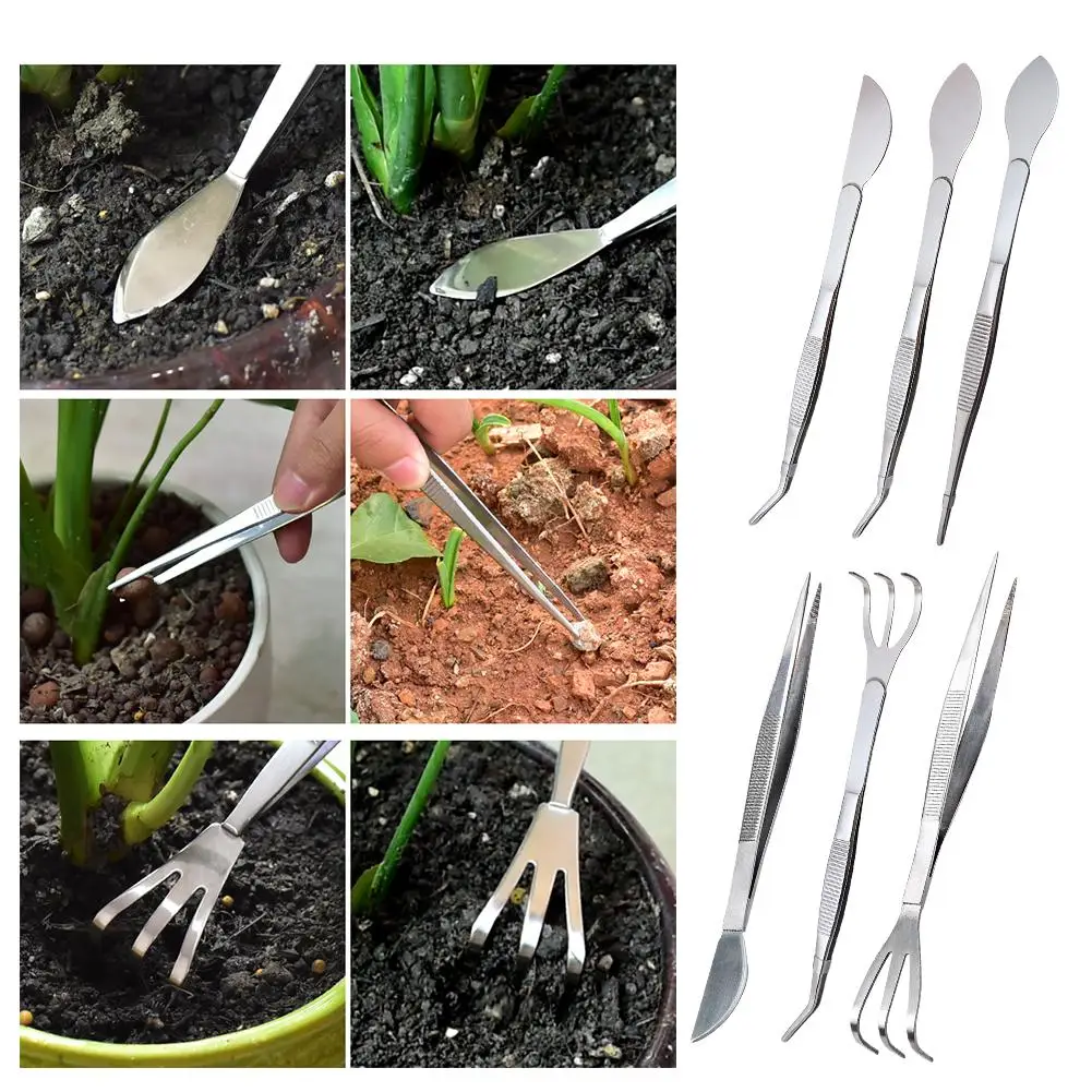 2-in-1 304 Stainless Steel Root Rake With Bonsai Tweezers With Ergonomical Handle Soil Farming Tool For Succulents Crafting W3c6