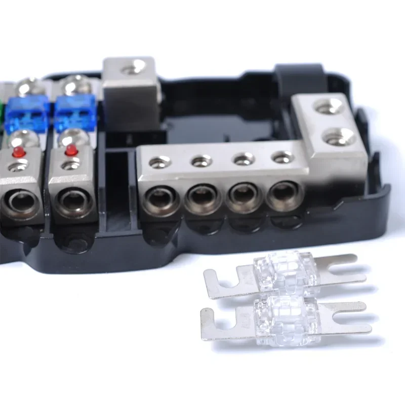 Blocco fusibili multifunzione con luce LED (distribuzione batteria 2 ingressi 4 uscite, fusibile a 4 vie 30 A / 60 A + 2 fusibili di ricambio 80 A)