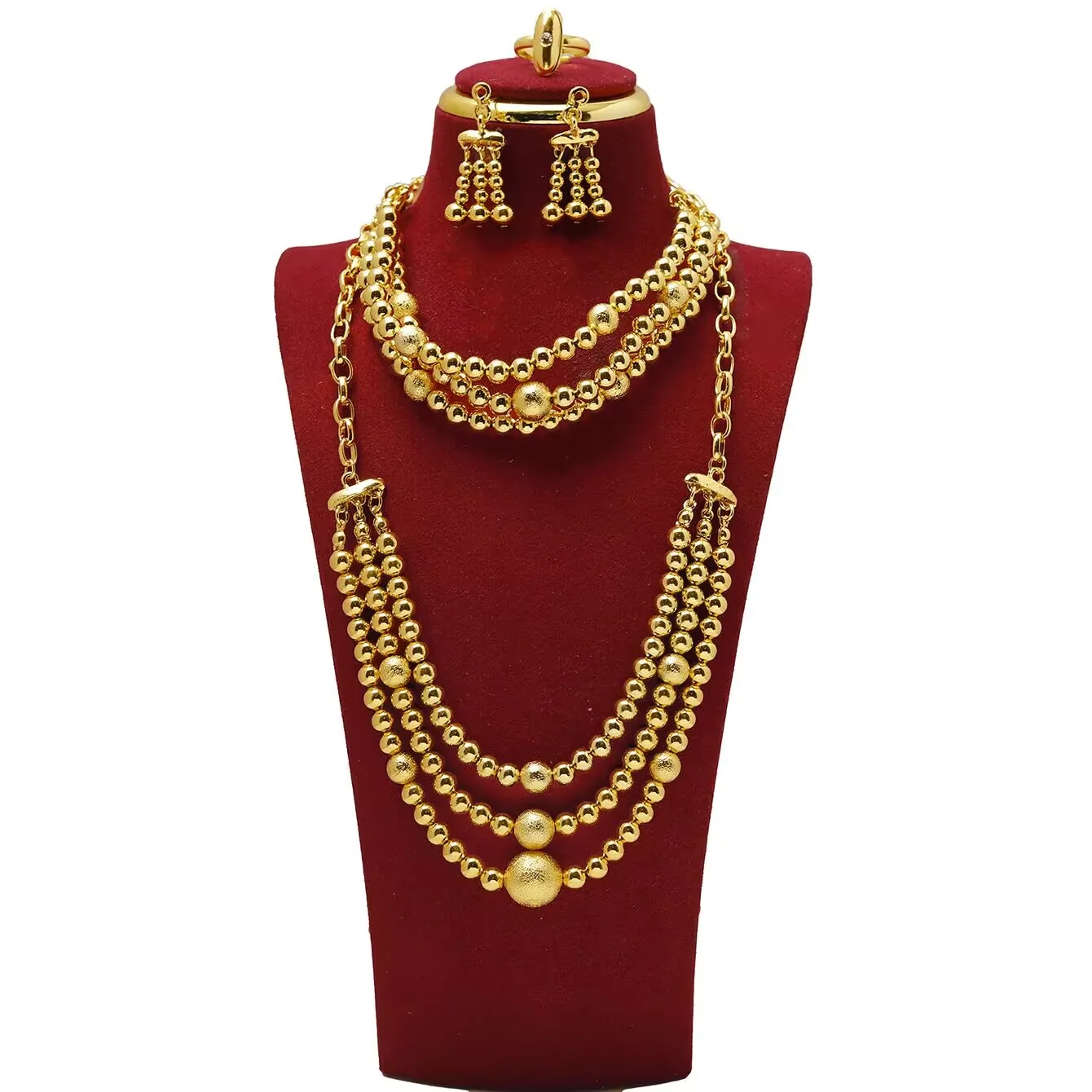 새로운 두바이 이탈리아 영국 24K 골드 도금 목걸이 귀걸이 반지 팔찌 약혼 파티 보석 연인을위한 선물 세트 YY10690