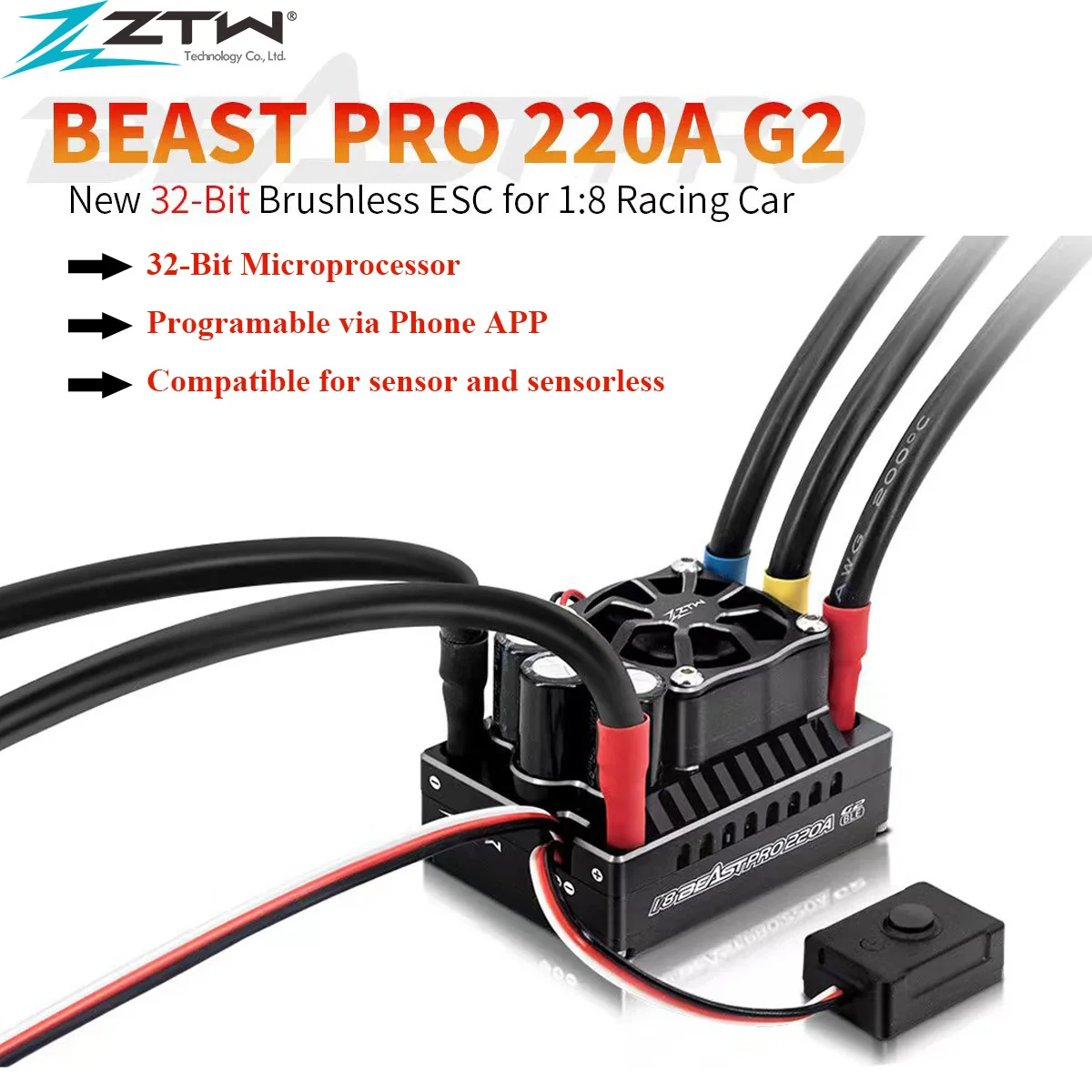 ZTW 32-Bit bestia PRO 220A ESC G2 Turbo 6V/7.4V BEC 6A Program przez aplikację mobilną do 1/8 zdalnie sterowany samochód wyścigowy Off-Road na