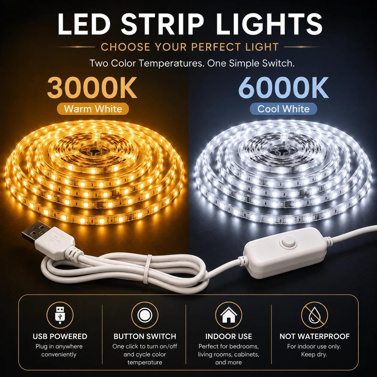 LTG-GEE 5V 2835 LED Strip Light 30Leds/m Flexible Fita Led Tape With Switch White Warm Blue Waterproof LED Lights for Room Decor