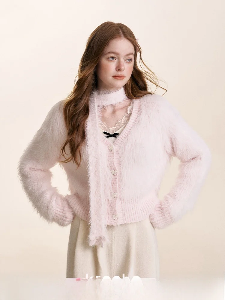 

Комплект из двух предметов: вязаный кардиган и шарф Kroche из бархата, с V-образным вырезом, на шелковых пуговицах, свободный крой, для женщин, для повседневной носки, зимний, модный