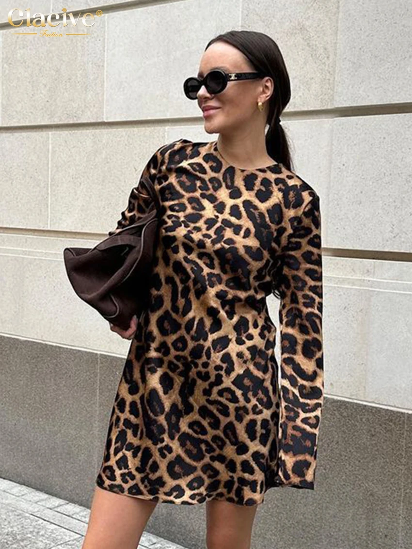 Clacive Mode Lose Leopard Print frauen Kleid 2025, Bodycon Oansatz Langarm Mini Kleider Elegante Klassische Weibliche Kleid