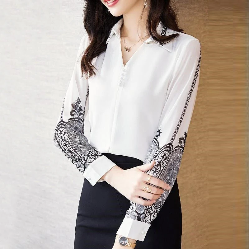 Elegant Chic Beaded Luxury Design Print Office Lady Commute Button Up Shirt Spring Autumn Women V Neck Long Sleeve Tops Blouses