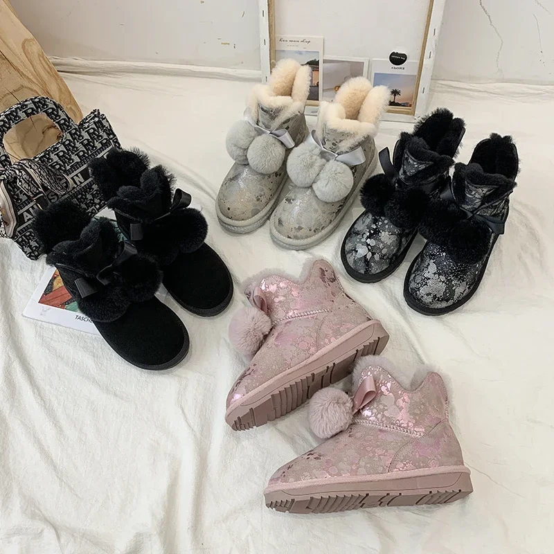 Bright Face Sheep Fur One Snow Boots For Women Winter Waterproof Skin 2023 New Short Tube Plus Fleece Leather Flat Boots