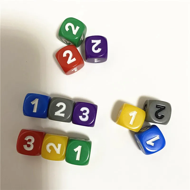 Dados acrílicos para jogo de tabuleiro, cubos de 6 lados, número 1, 2, 3, 1, 2, 3, D6, 13mm, 10 pcs